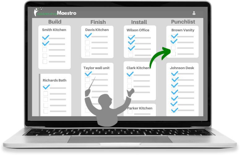 A Cabinetshop Maestro workflow board on a laptop: cabinet jobs like Smith Kitchen and Wilson Office sit in Build, Finish, Install, and Punchlist columns, each with its task checklist, and a job moving to the next stage